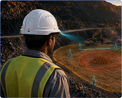 A worker in a helmet and hi-vis vest looking over an open-pit mine where people and machines are tracked live