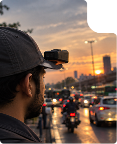 Worker wearing a camera-equipped smart helmet watching traffic at sunset