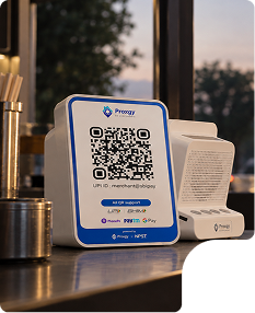 Proxgy UPI QR payment device on a shop counter