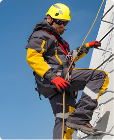 Worker in a yellow helmet and safety harness climbing a tower