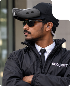Security officer wearing a Proxgy headset and earpiece